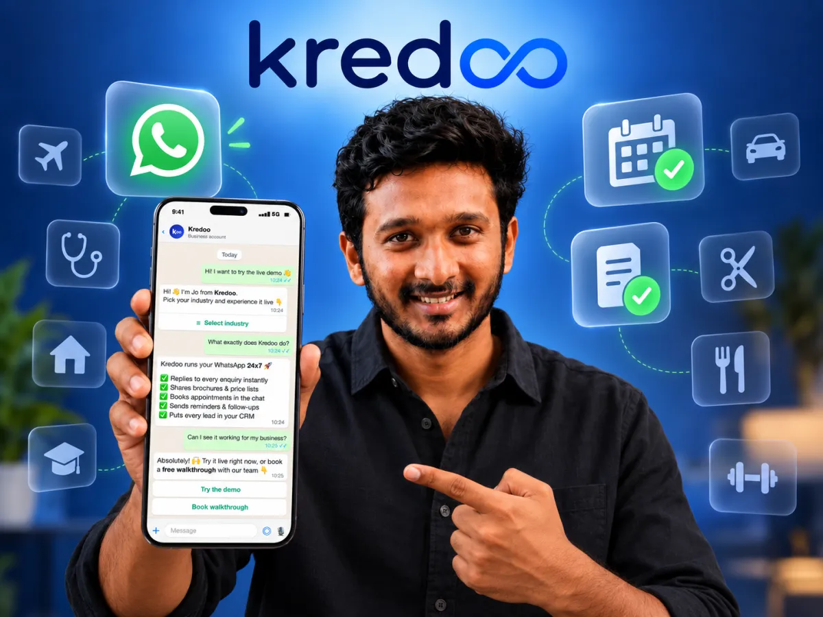 A WhatsApp chat on a phone showing Kredoo replying instantly to a demo request with buttons to try the demo or book a walkthrough